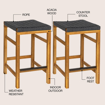 Armand 25.6" Modern Coastal Backless Acacia Wood Outdoor Counter Stool with Woven Rope Seat